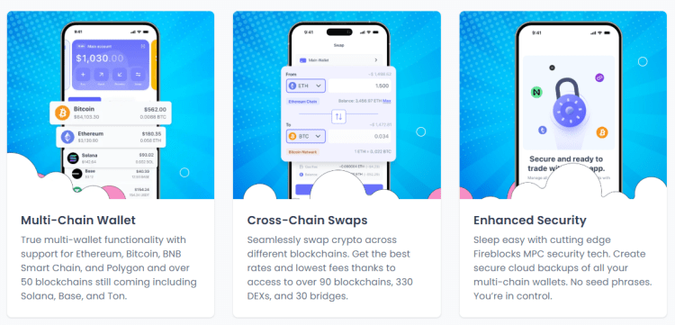 Key features of the Best Wallet app.
